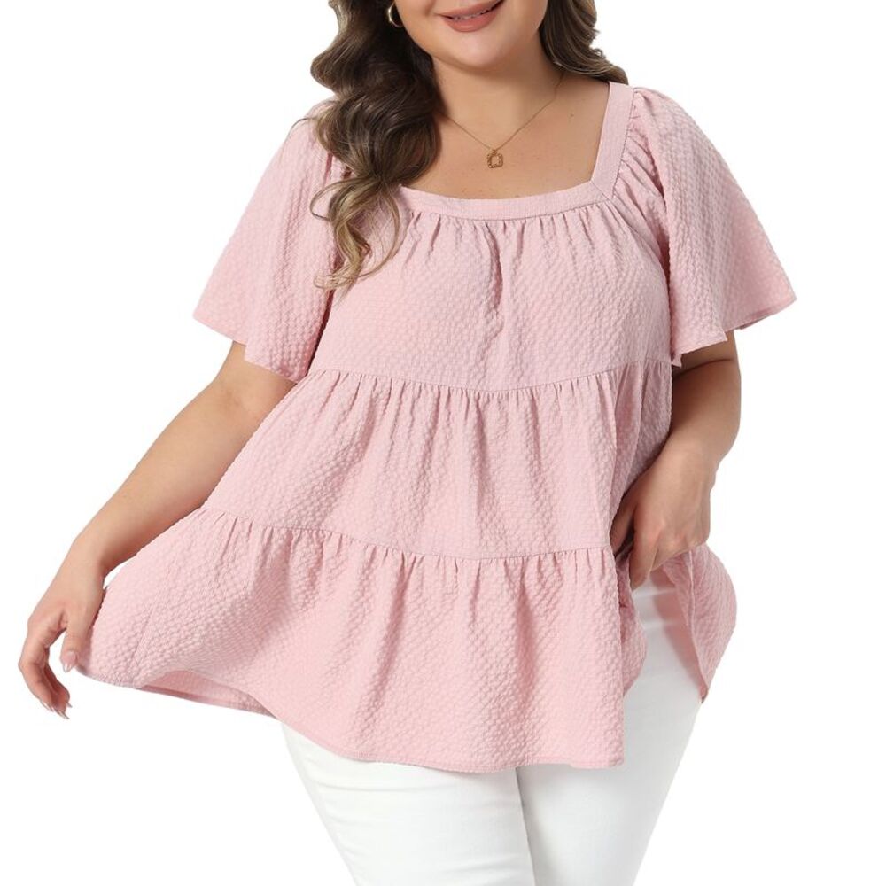 Women Plus Size Summer Tops Square Neck Babydoll Blouse Pink